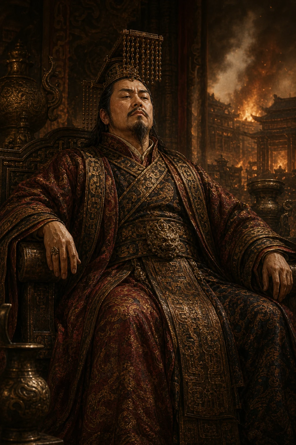 Dramatic portrait of King Zhou of Shang with a burning palace behind him
